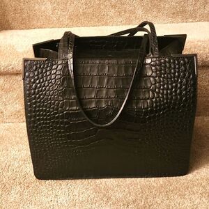 Lia Numa Black Leather Croc Embossed Tote Bag Made in Italy
